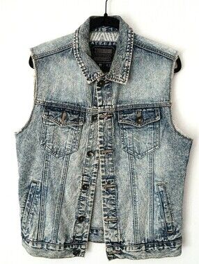 21 MEN Acid Wash Denim VEST Slim Sleeveless Jean Jacket Grunge Punk Men's Size S